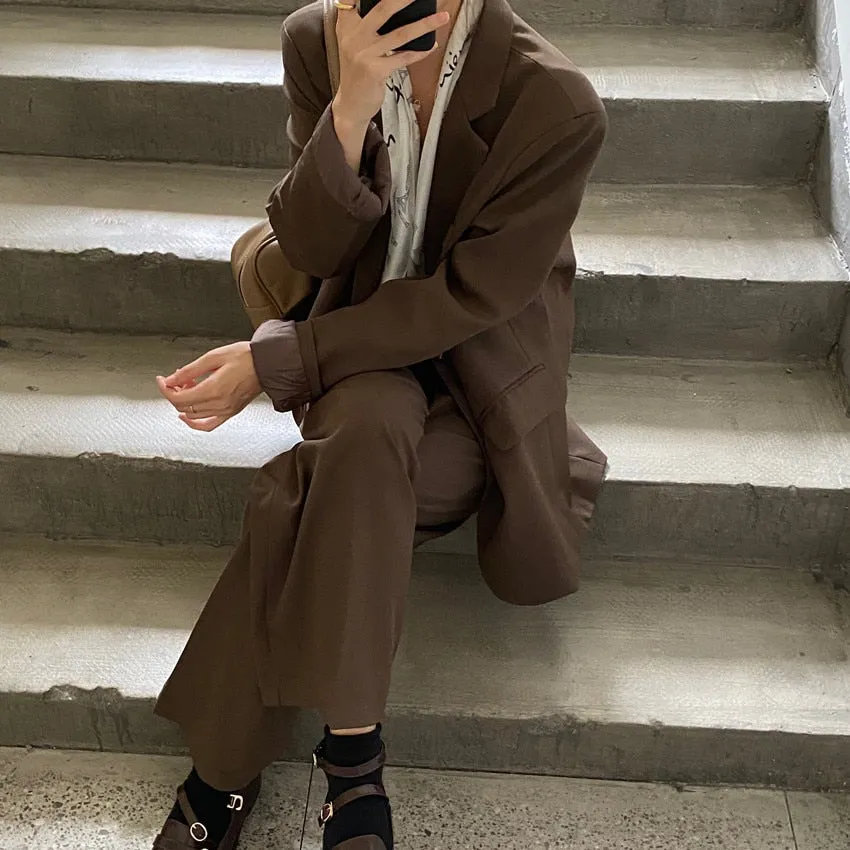 Purpdrank - New Fashion Vintage Blazer Pants Suit OL Elegant Business Wear Blazers   High Waist Wide Leg Pants Suits 2 Piece Set
