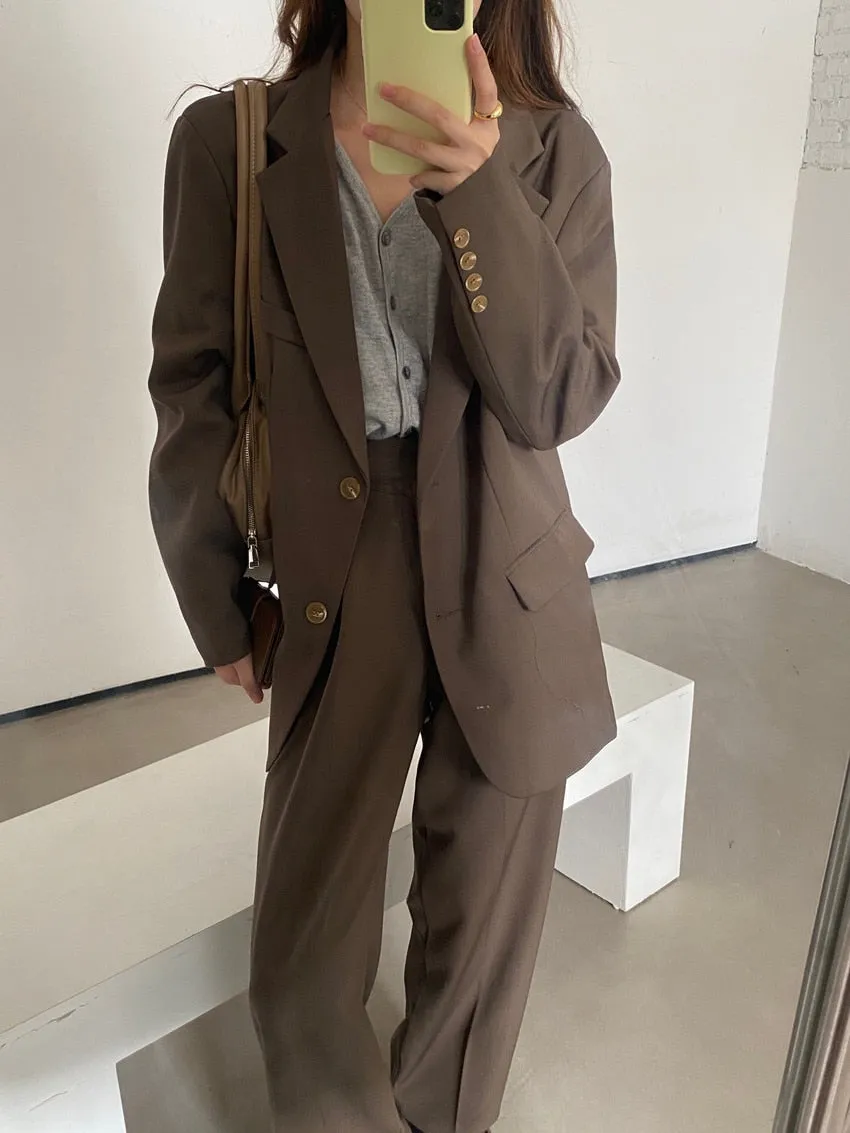 Purpdrank - New Fashion Vintage Blazer Pants Suit OL Elegant Business Wear Blazers   High Waist Wide Leg Pants Suits 2 Piece Set