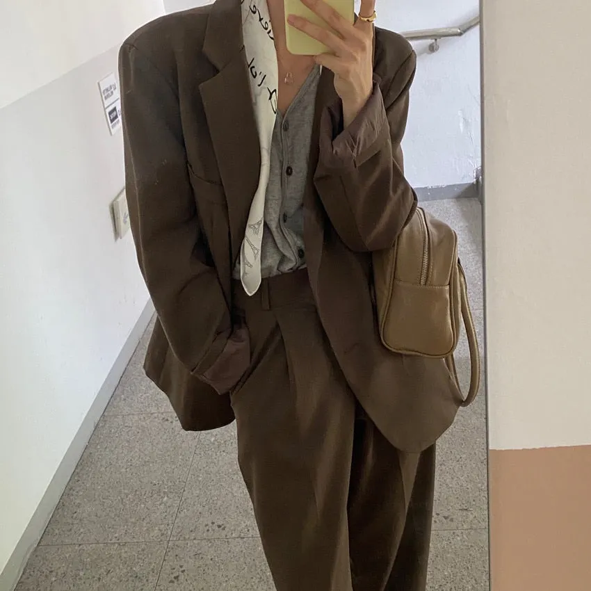 Purpdrank - New Fashion Vintage Blazer Pants Suit OL Elegant Business Wear Blazers   High Waist Wide Leg Pants Suits 2 Piece Set