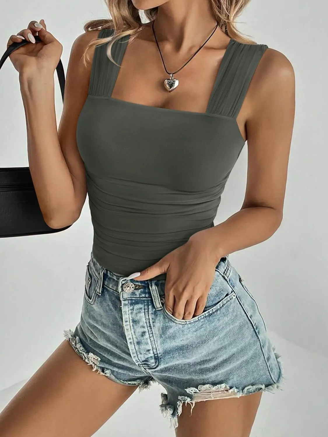 REORIA Womens Sexy Square Neck Double Lined Mesh Sheer Ruched Crop Going Out Tops Y2k Trendy Cute Tank Top Summer Outfits