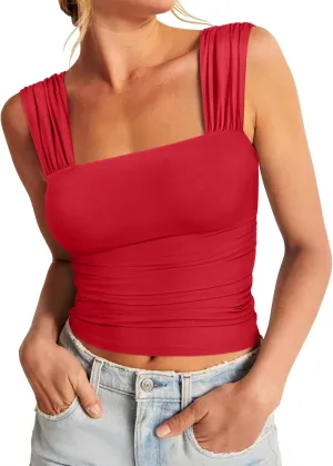 REORIA Womens Sexy Square Neck Double Lined Mesh Sheer Ruched Crop Going Out Tops Y2k Trendy Cute Tank Top Summer Outfits