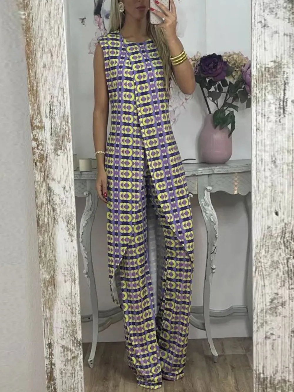 Retro Checkered Flare Pants Set