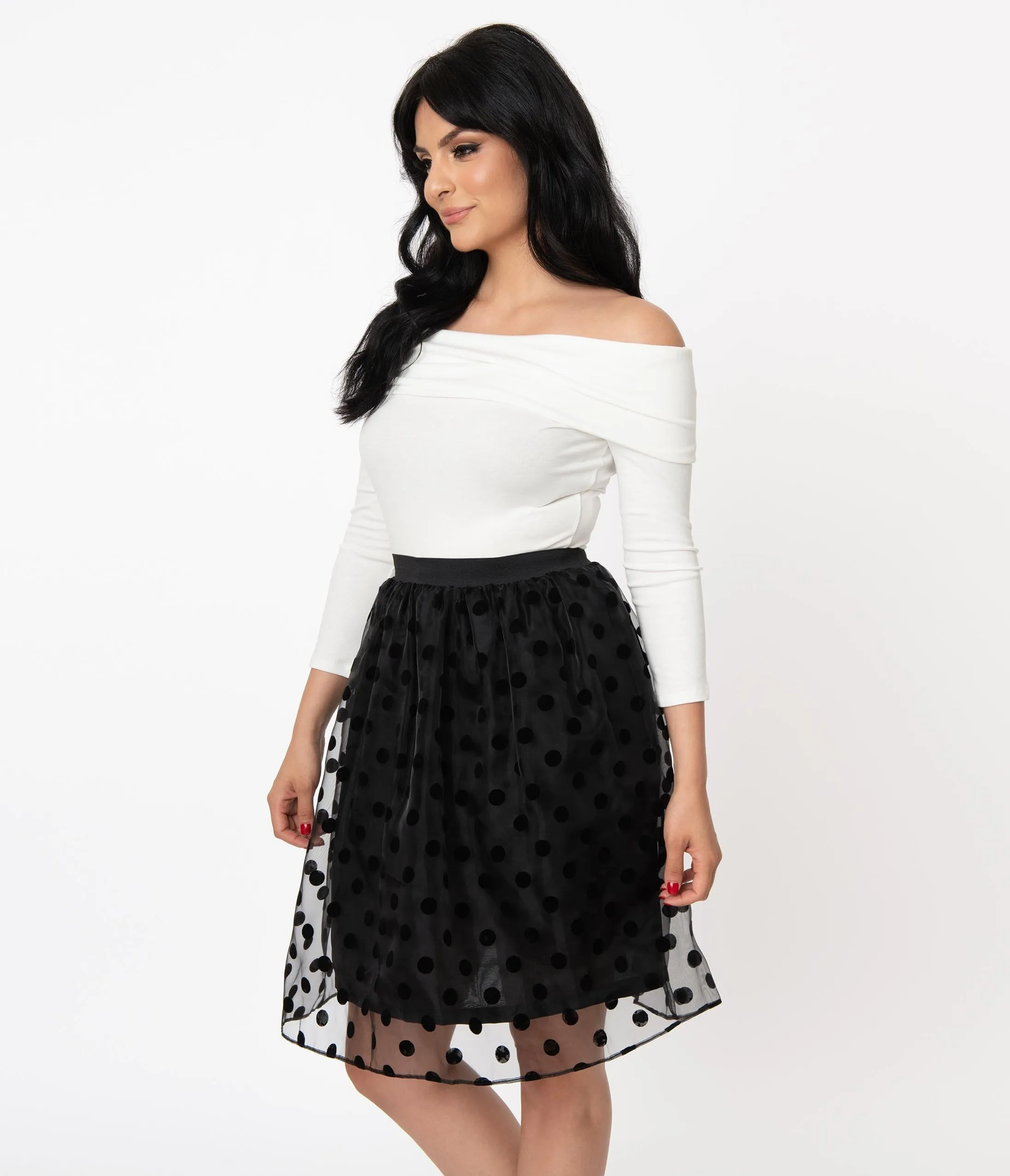 Retro Style Black Swiss Dot Organza Flare Skirt