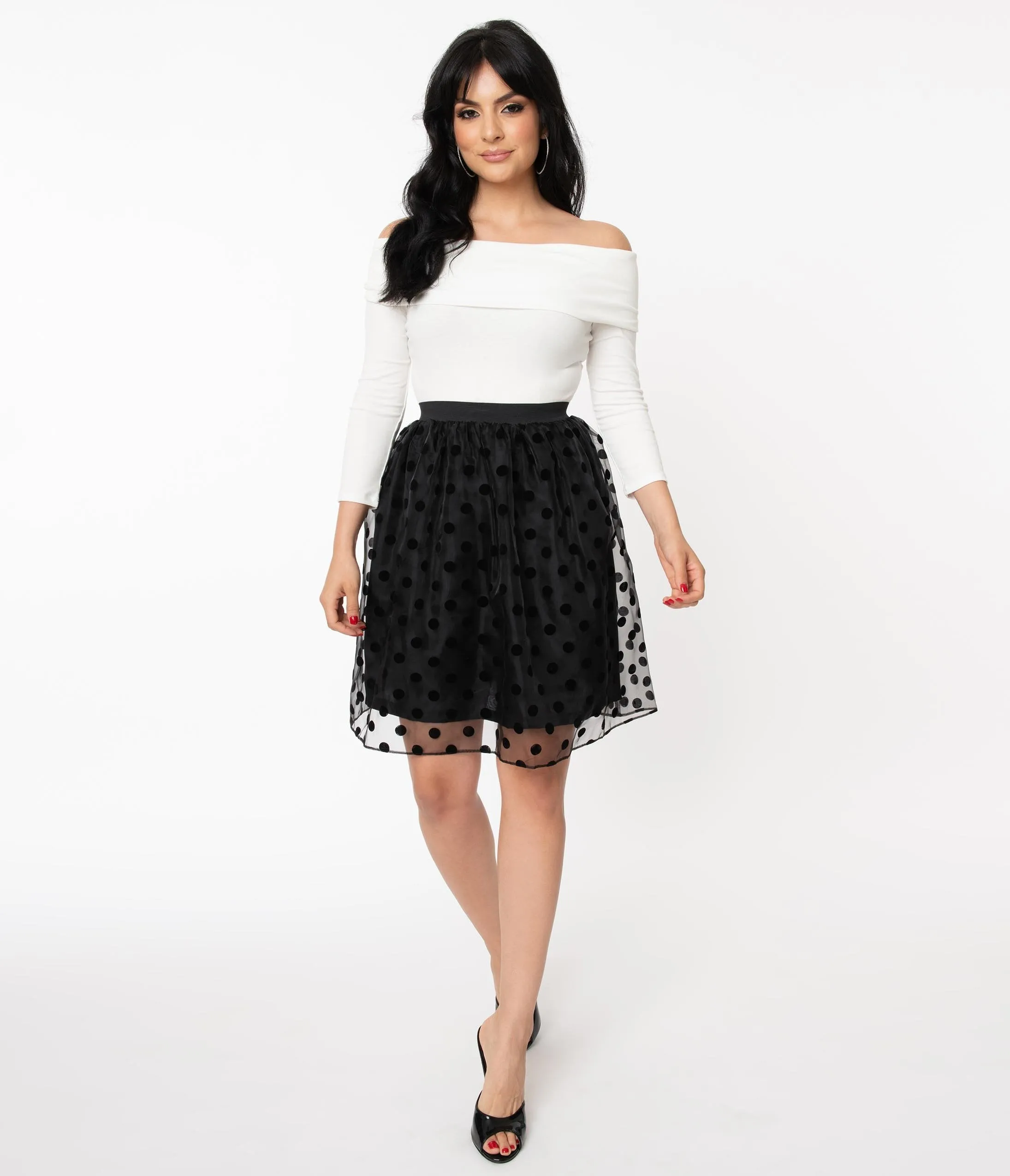 Retro Style Black Swiss Dot Organza Flare Skirt