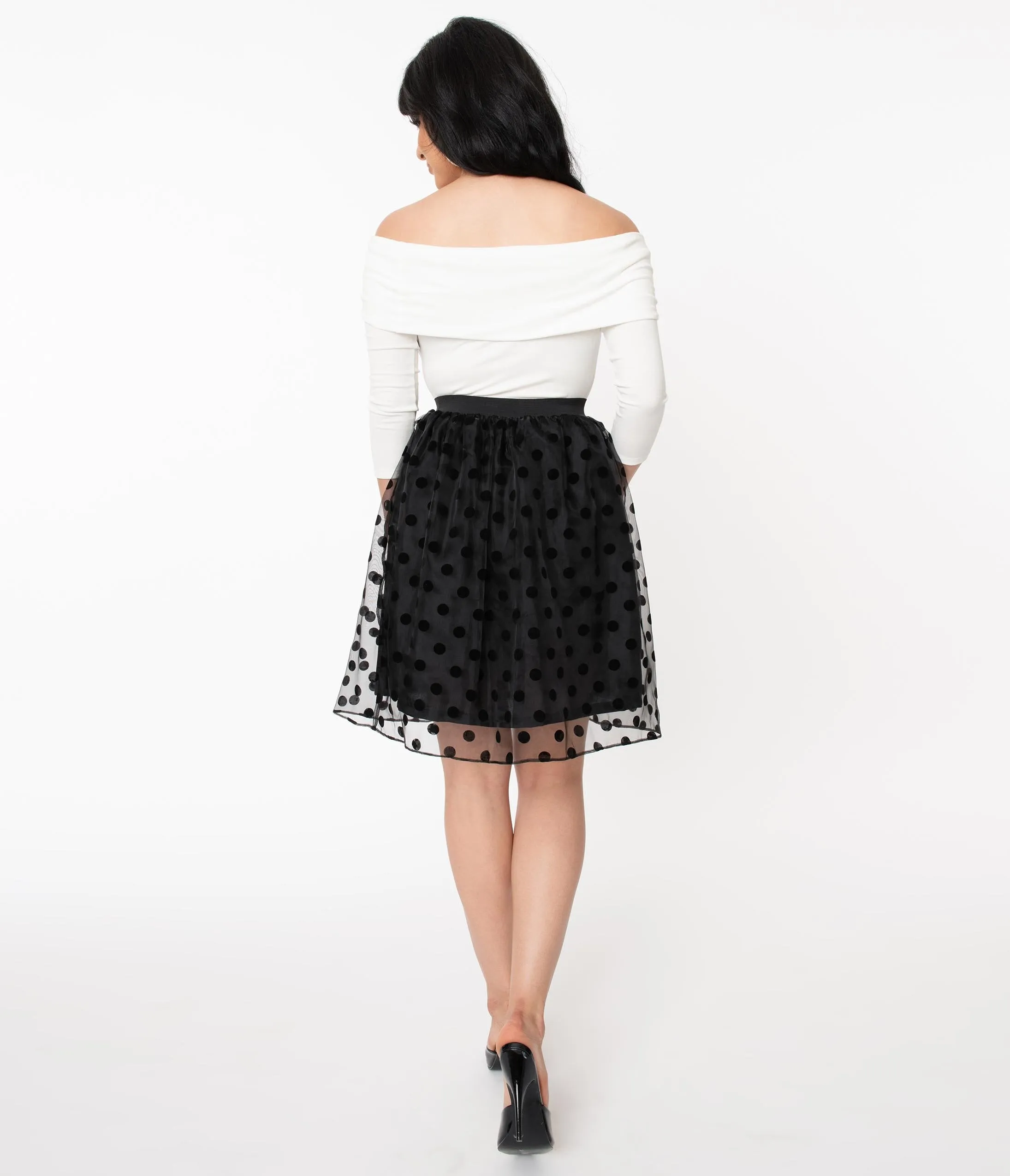 Retro Style Black Swiss Dot Organza Flare Skirt