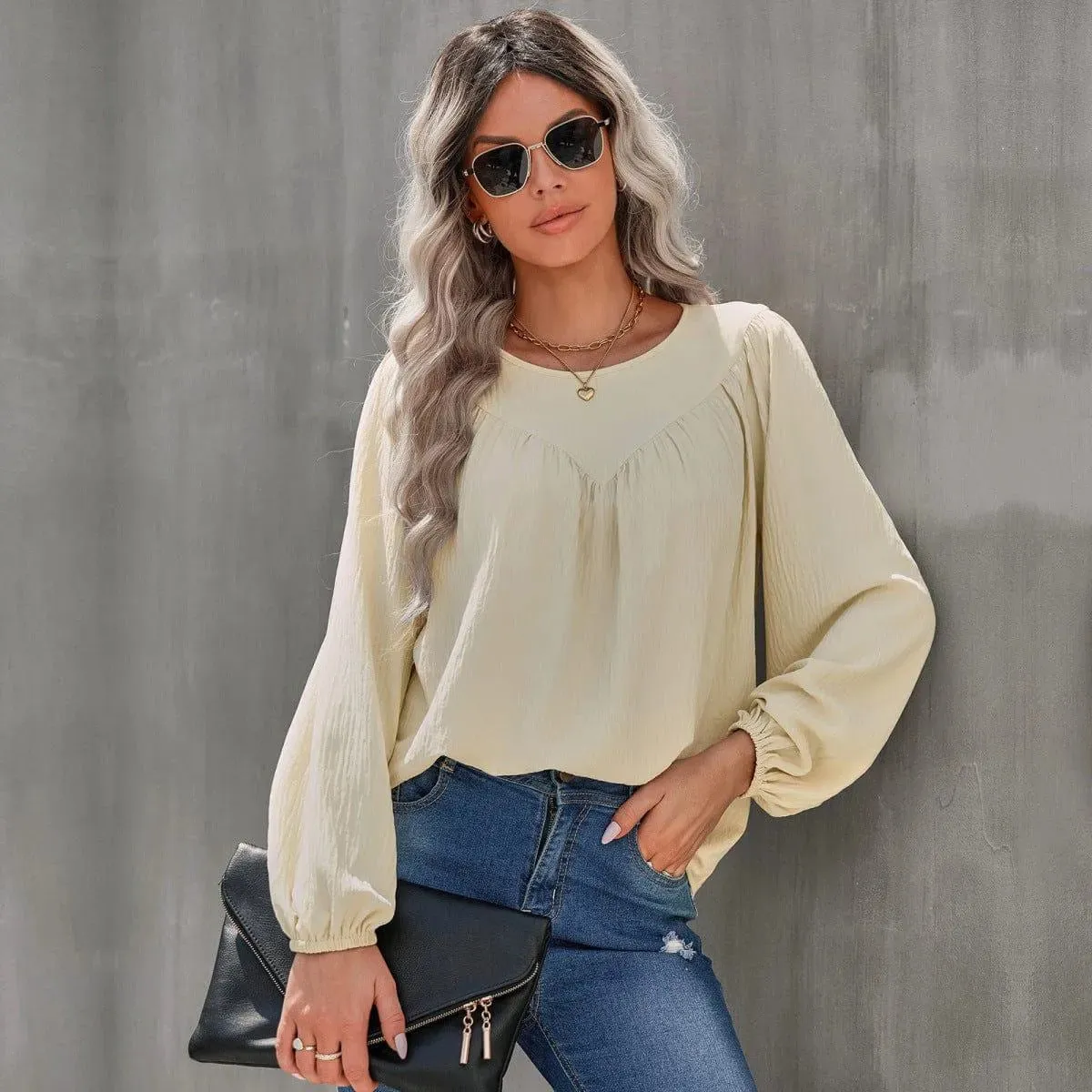Round Neck Gathering Long Sleeve Top