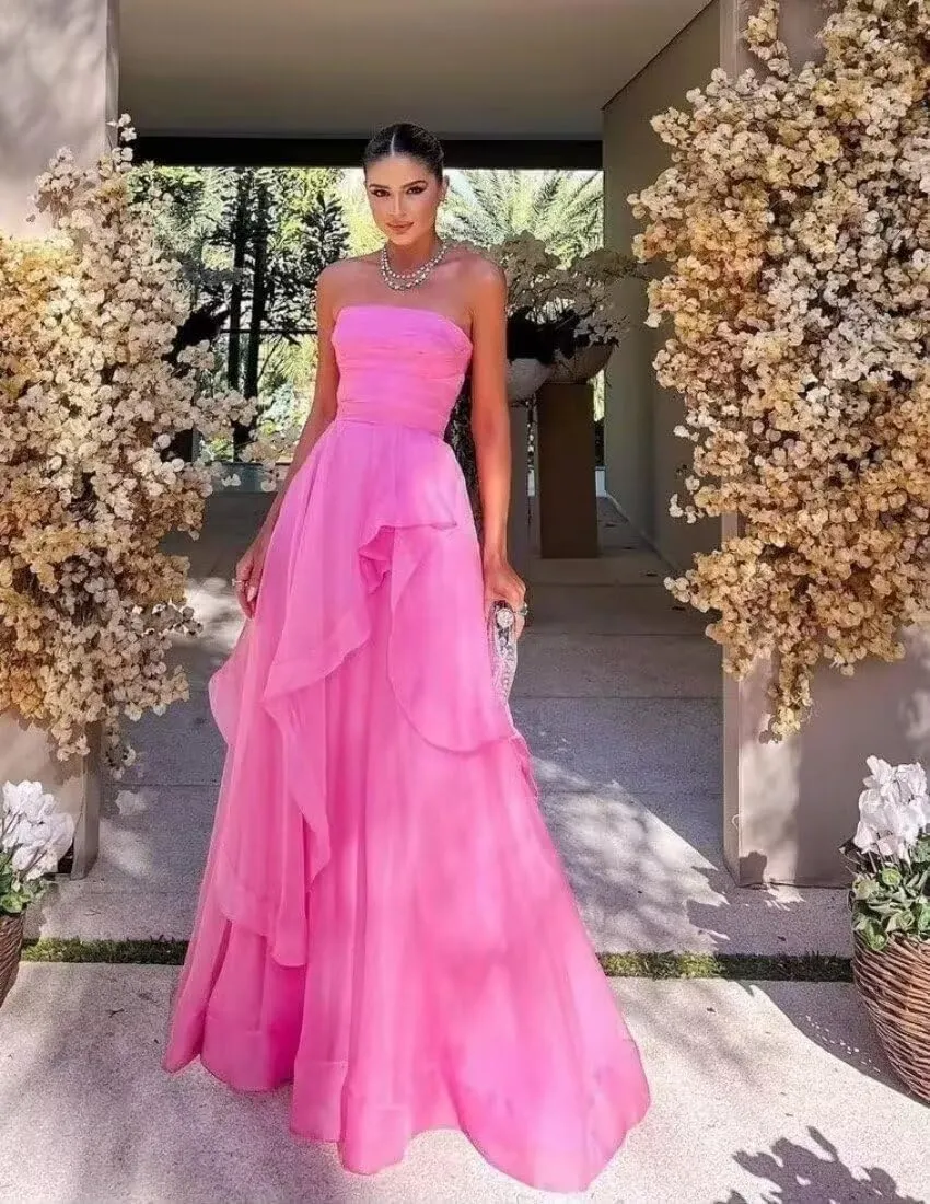 Ruffles Tulle Prom Dress Strapless Formal Evening Party Dresses 2025 Long Ball Gown A-Line Corset Tube Prom Gowns
