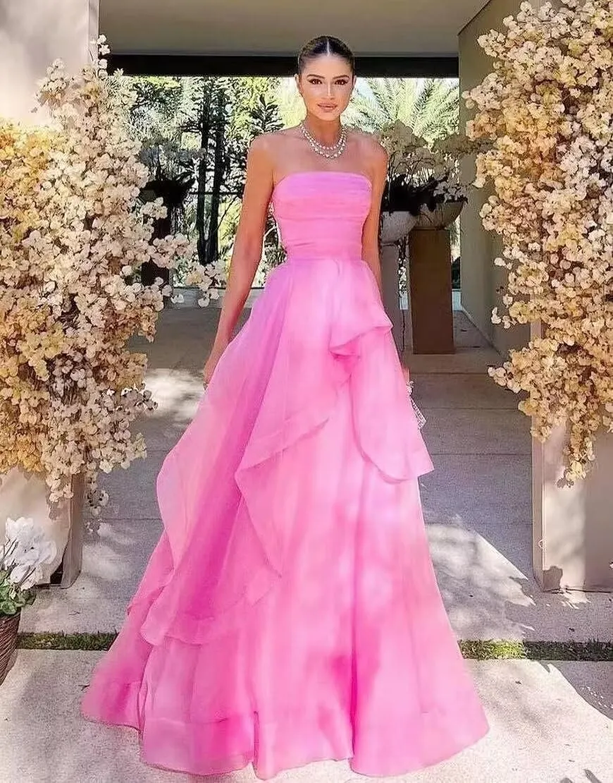 Ruffles Tulle Prom Dress Strapless Formal Evening Party Dresses 2025 Long Ball Gown A-Line Corset Tube Prom Gowns