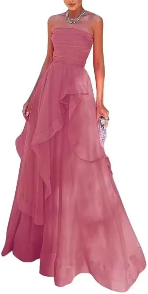 Ruffles Tulle Prom Dress Strapless Formal Evening Party Dresses 2025 Long Ball Gown A-Line Corset Tube Prom Gowns