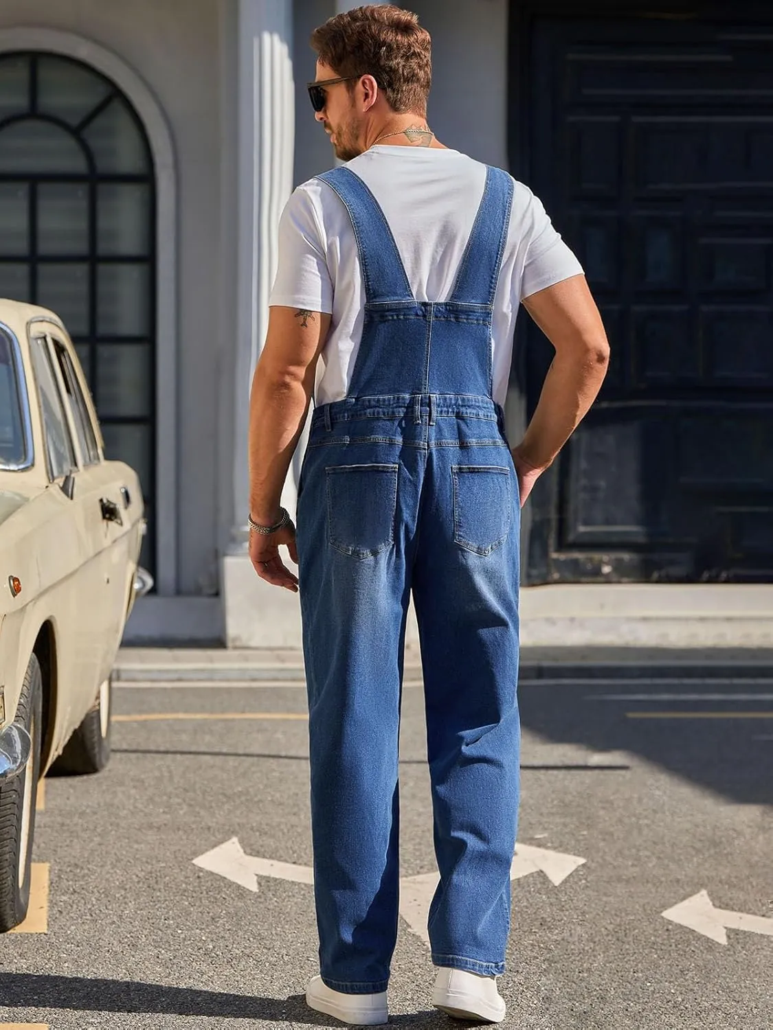 Runcati Men's Denim Bib Overalls Jeans Casual Slim Fit Adjustable Straps Fashion Trousers Boot Cut Jumpsuit