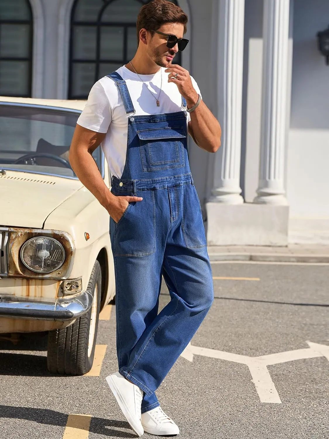 Runcati Men's Denim Bib Overalls Jeans Casual Slim Fit Adjustable Straps Fashion Trousers Boot Cut Jumpsuit