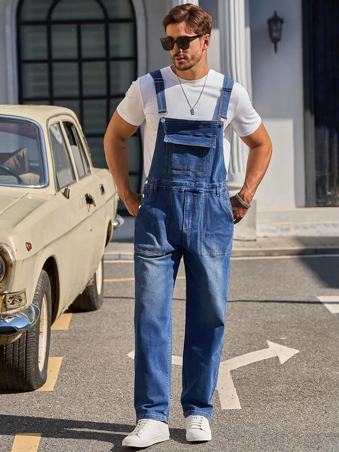 Runcati Men's Denim Bib Overalls Jeans Casual Slim Fit Adjustable Straps Fashion Trousers Boot Cut Jumpsuit