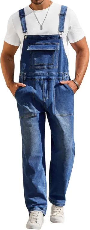 Runcati Men's Denim Bib Overalls Jeans Casual Slim Fit Adjustable Straps Fashion Trousers Boot Cut Jumpsuit