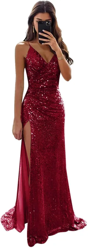 Sequin Prom Dresses Sparkly Spaghetti Straps V Neck Mermaid Formal Evening Gown with Slit