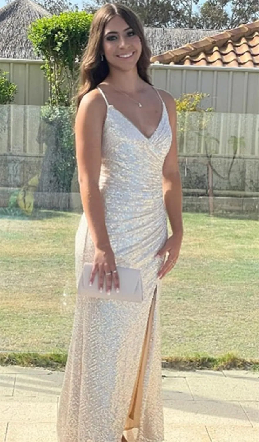 Sequin Prom Dresses Sparkly Spaghetti Straps V Neck Mermaid Formal Evening Gown with Slit