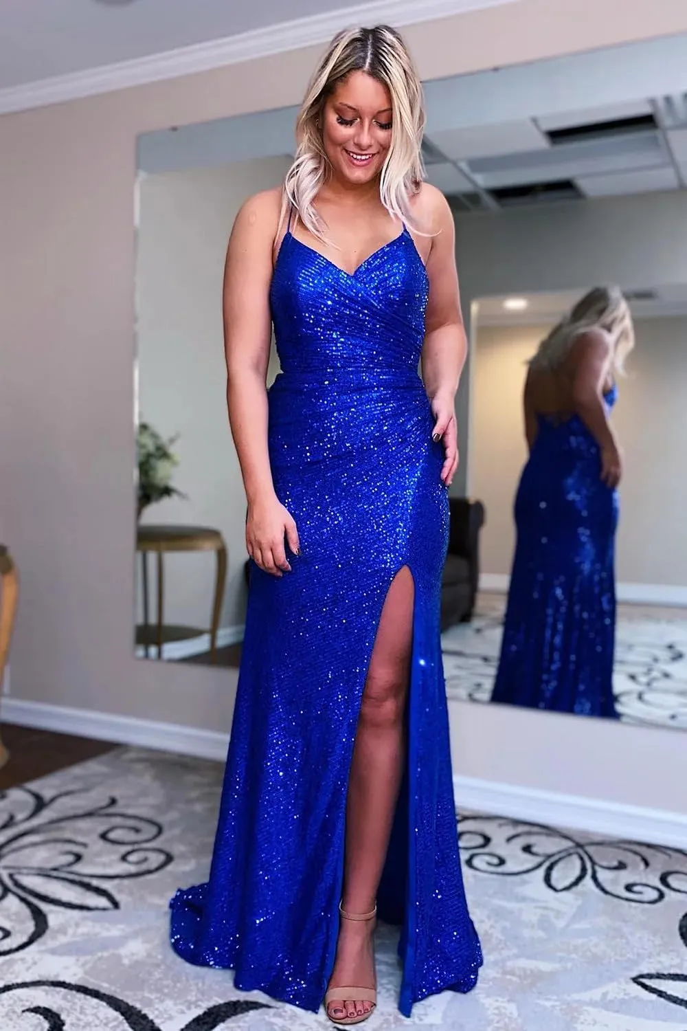 Sequin Prom Dresses Sparkly Spaghetti Straps V Neck Mermaid Formal Evening Gown with Slit