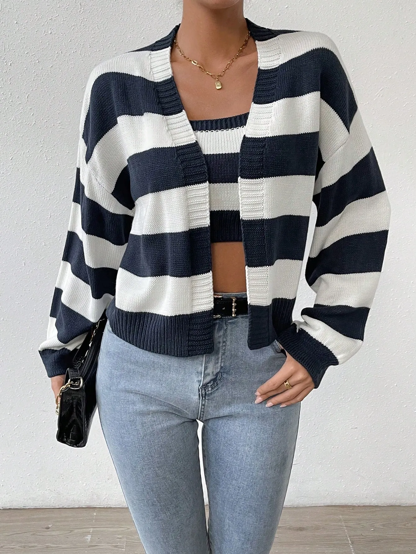 SHEIN Essnce Striped Pattern Drop Shoulder Open Front Cardigan & Cami Knit Top