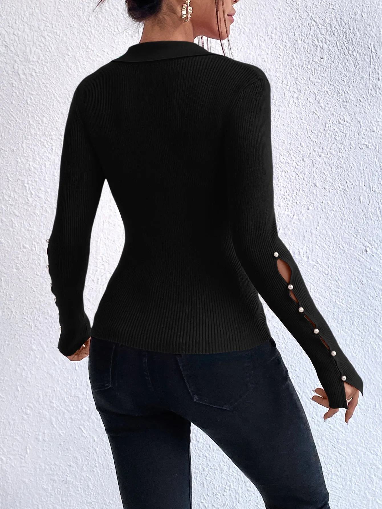 SHEIN Frenchy Pearls Beaded Split Cuff Sweater