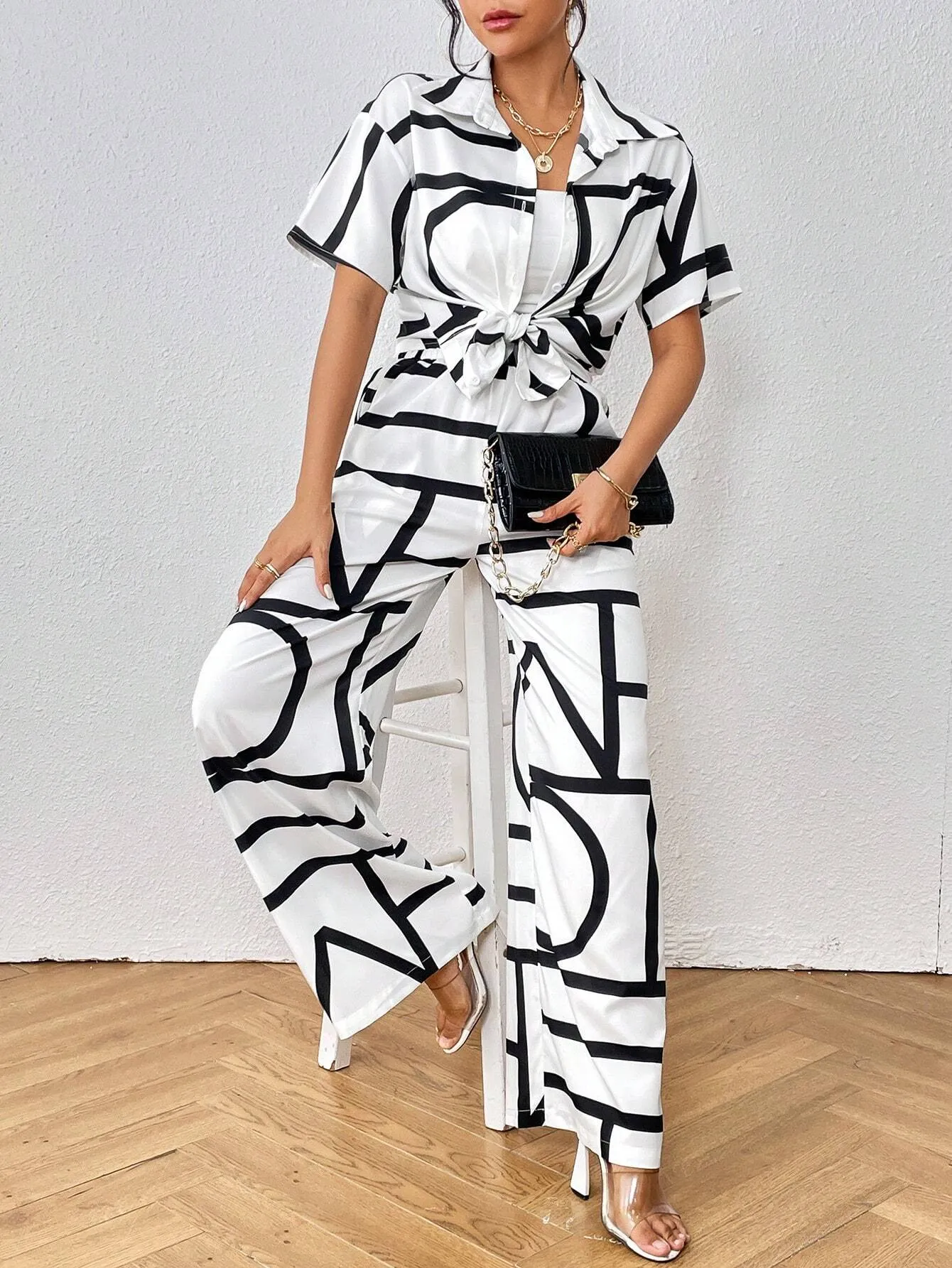 SHEIN Privé Geo Print Shirt & Wide Leg Pants
