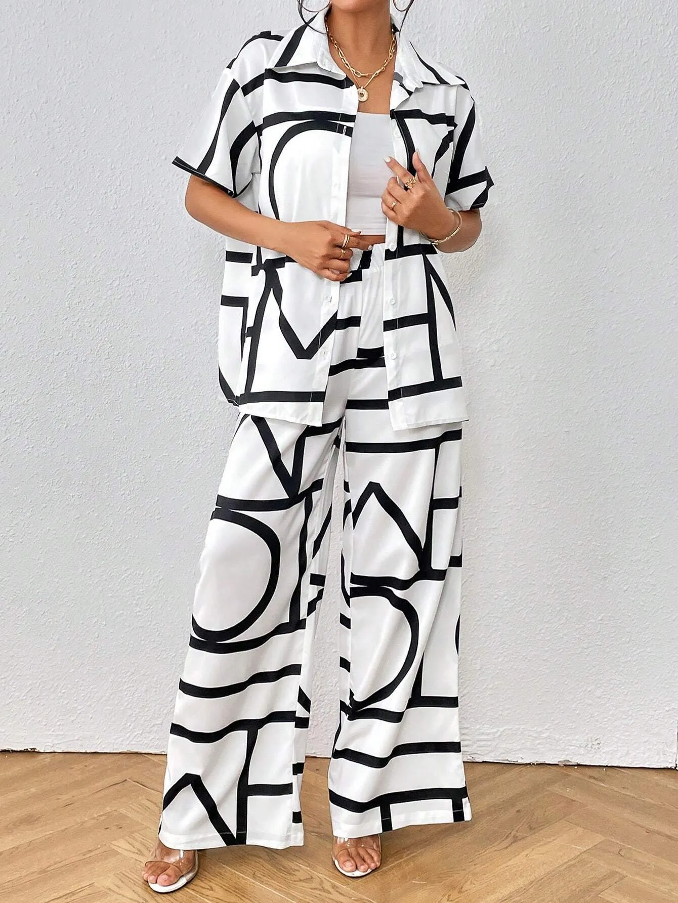 SHEIN Privé Geo Print Shirt & Wide Leg Pants
