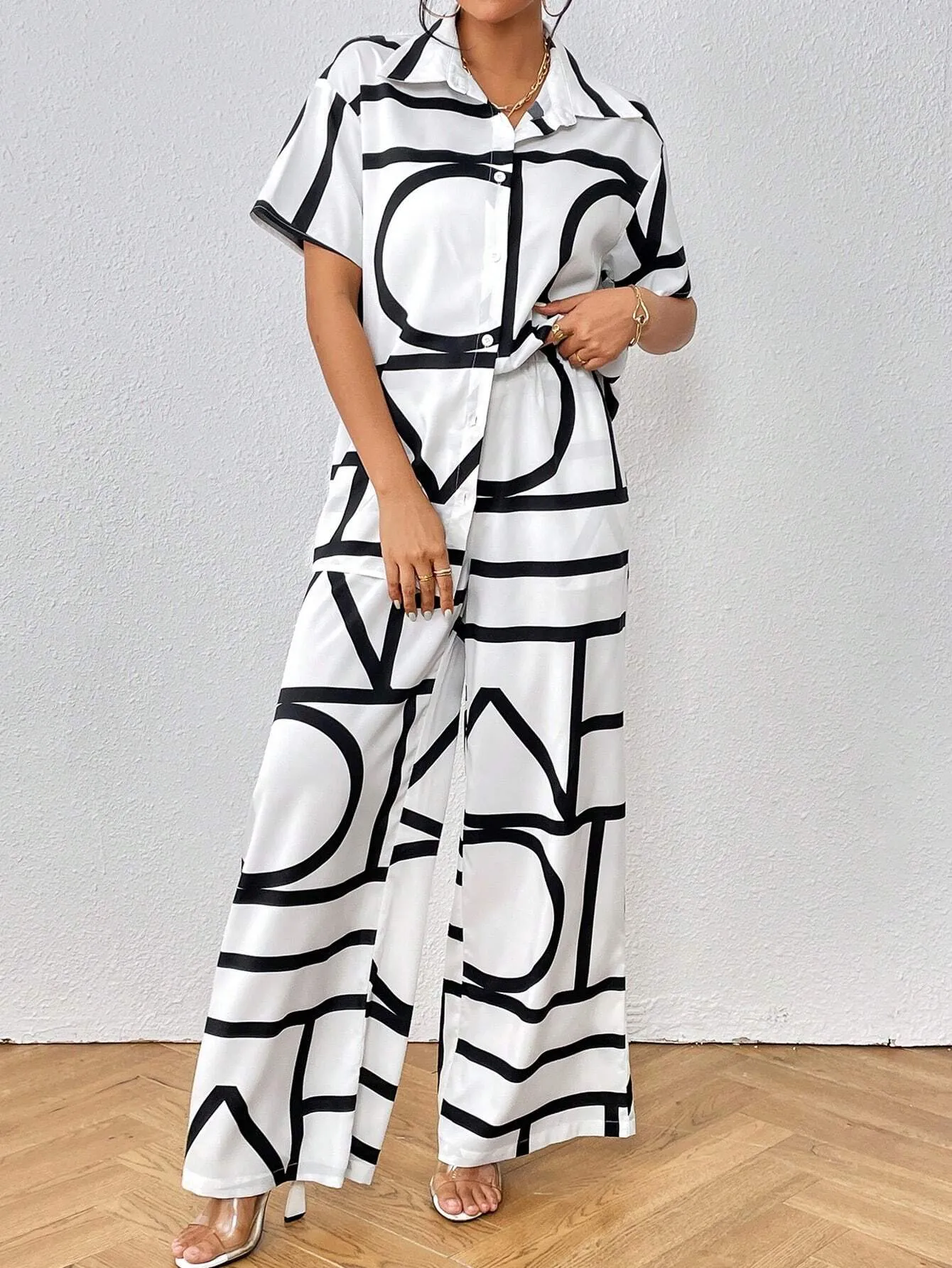 SHEIN Privé Geo Print Shirt & Wide Leg Pants