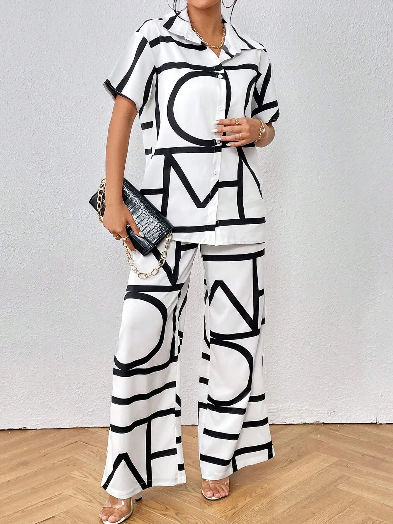 SHEIN Privé Geo Print Shirt & Wide Leg Pants