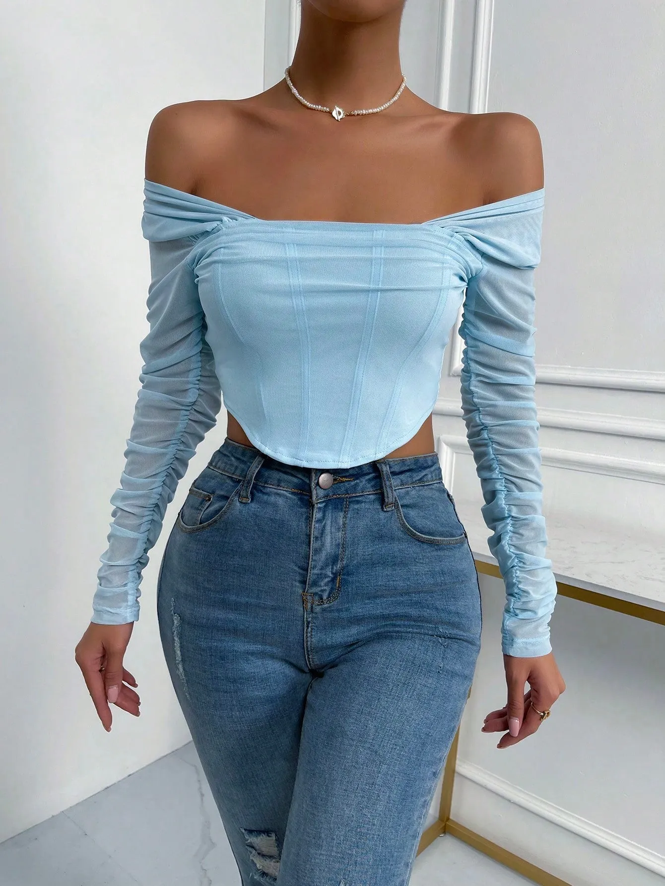 SHEIN Priv̩ Off Shoulder Ruched Mesh Crop Top