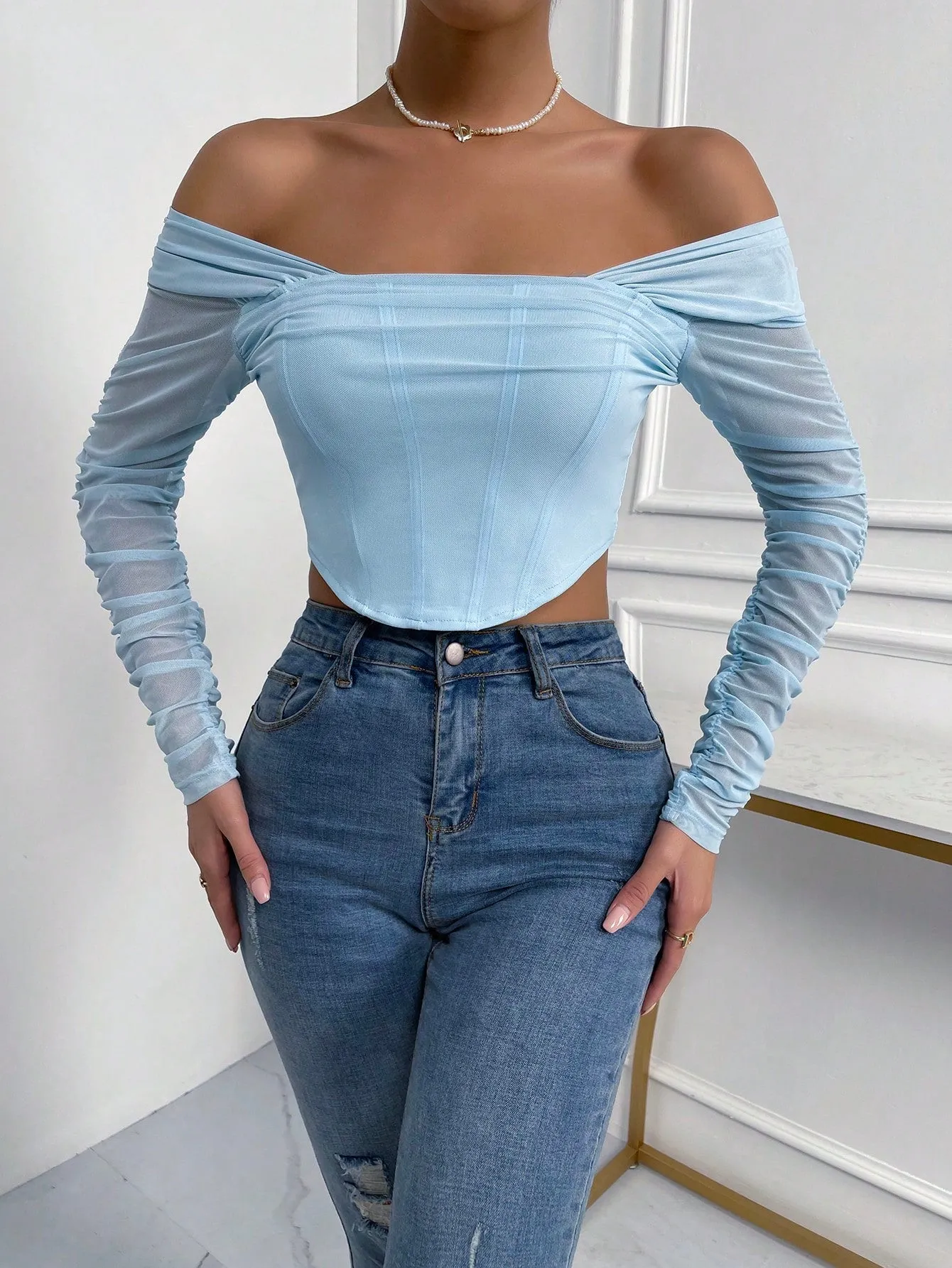 SHEIN Priv̩ Off Shoulder Ruched Mesh Crop Top