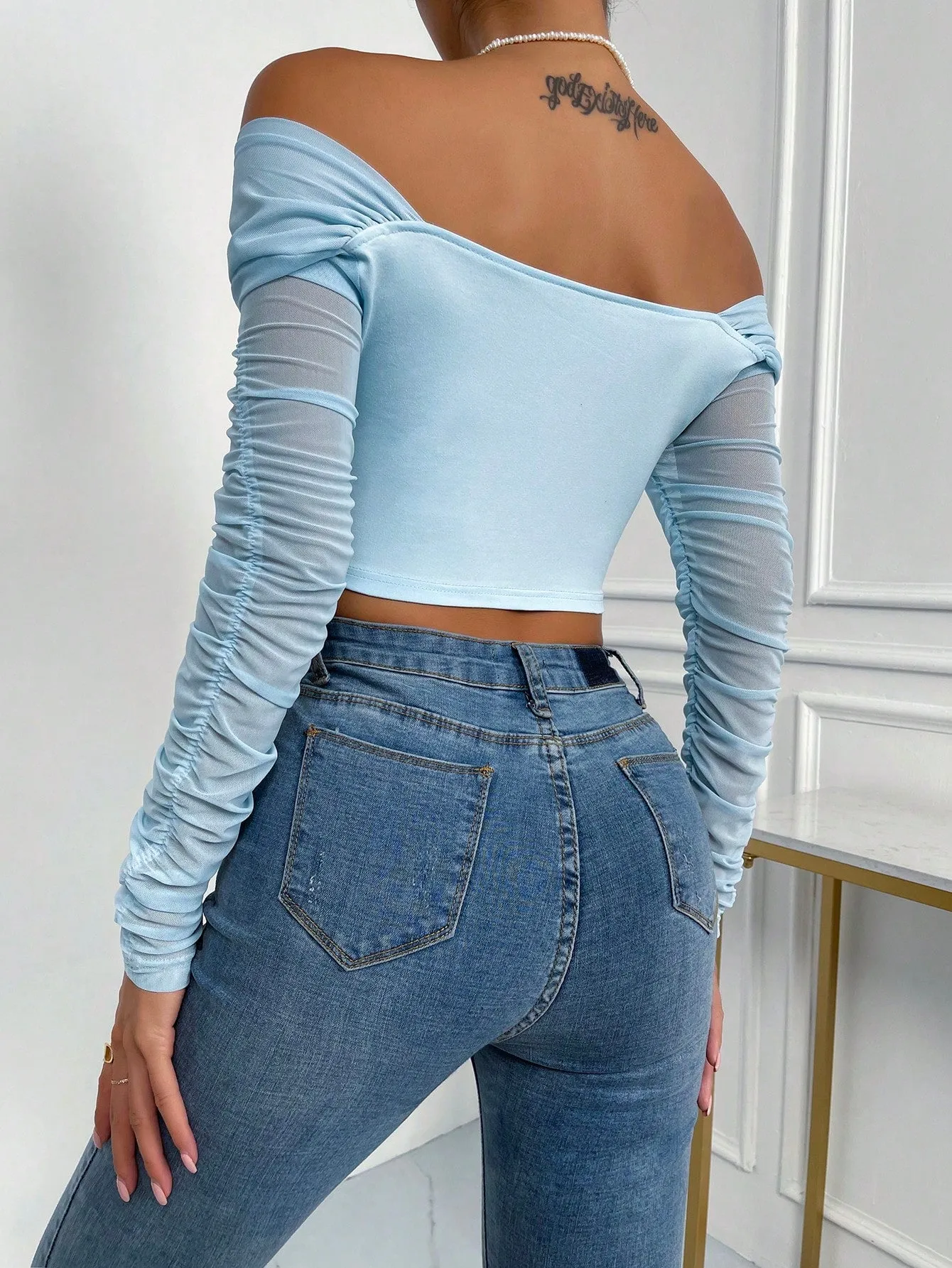 SHEIN Priv̩ Off Shoulder Ruched Mesh Crop Top