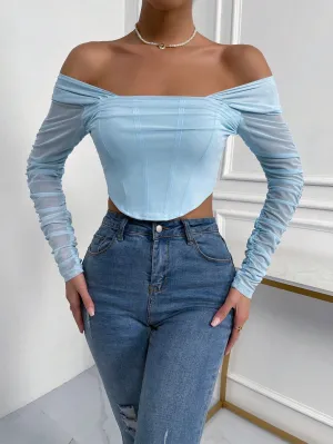 SHEIN Priv̩ Off Shoulder Ruched Mesh Crop Top