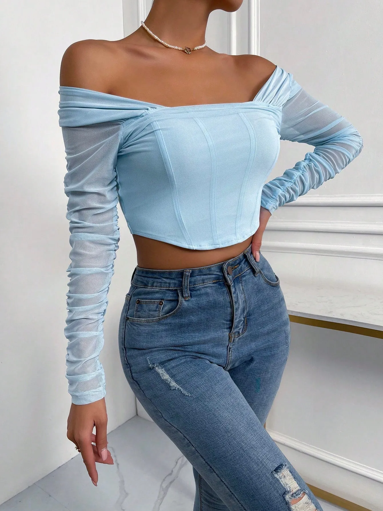 SHEIN Priv̩ Off Shoulder Ruched Mesh Crop Top