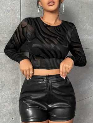SHEIN Privé Zebra Striped Print Crop Mesh Top Without Bra