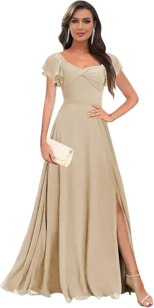 Short Sleeve Bridesmaid Dresses Long V Neck A Line Ruffle Chiffon Evening Formal Gown with Slit