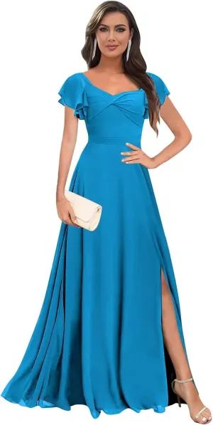 Short Sleeve Bridesmaid Dresses Long V Neck A Line Ruffle Chiffon Evening Formal Gown with Slit