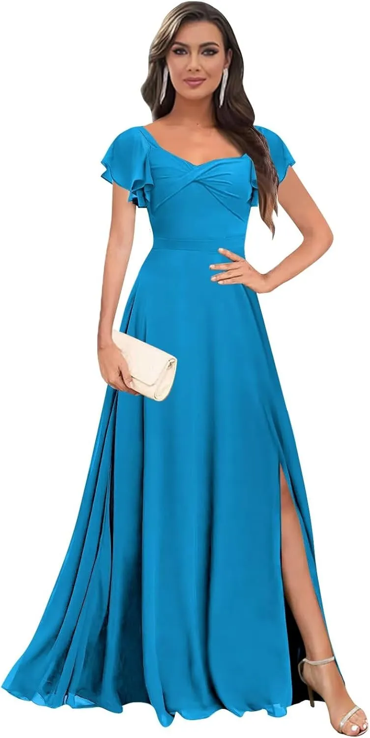 Short Sleeve Bridesmaid Dresses Long V Neck A Line Ruffle Chiffon Evening Formal Gown with Slit