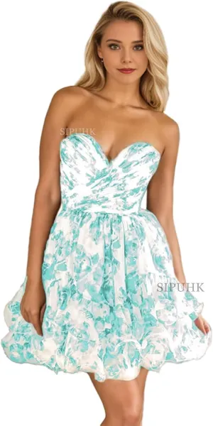 SIPUHK Short Homecoming Dresses for Teens Floral Print Chiffon Cocktail Dress Strapless Tiered Ruffle Prom Dresses for Women