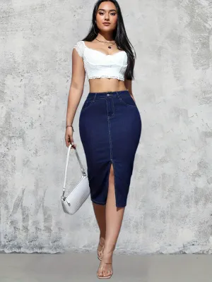 Skirts Women Mid Length Straight Skirt Slim Fit Sexy Solid High Waist Denim Hip Wrap Button Pocket Elegant Splice Summer 2024