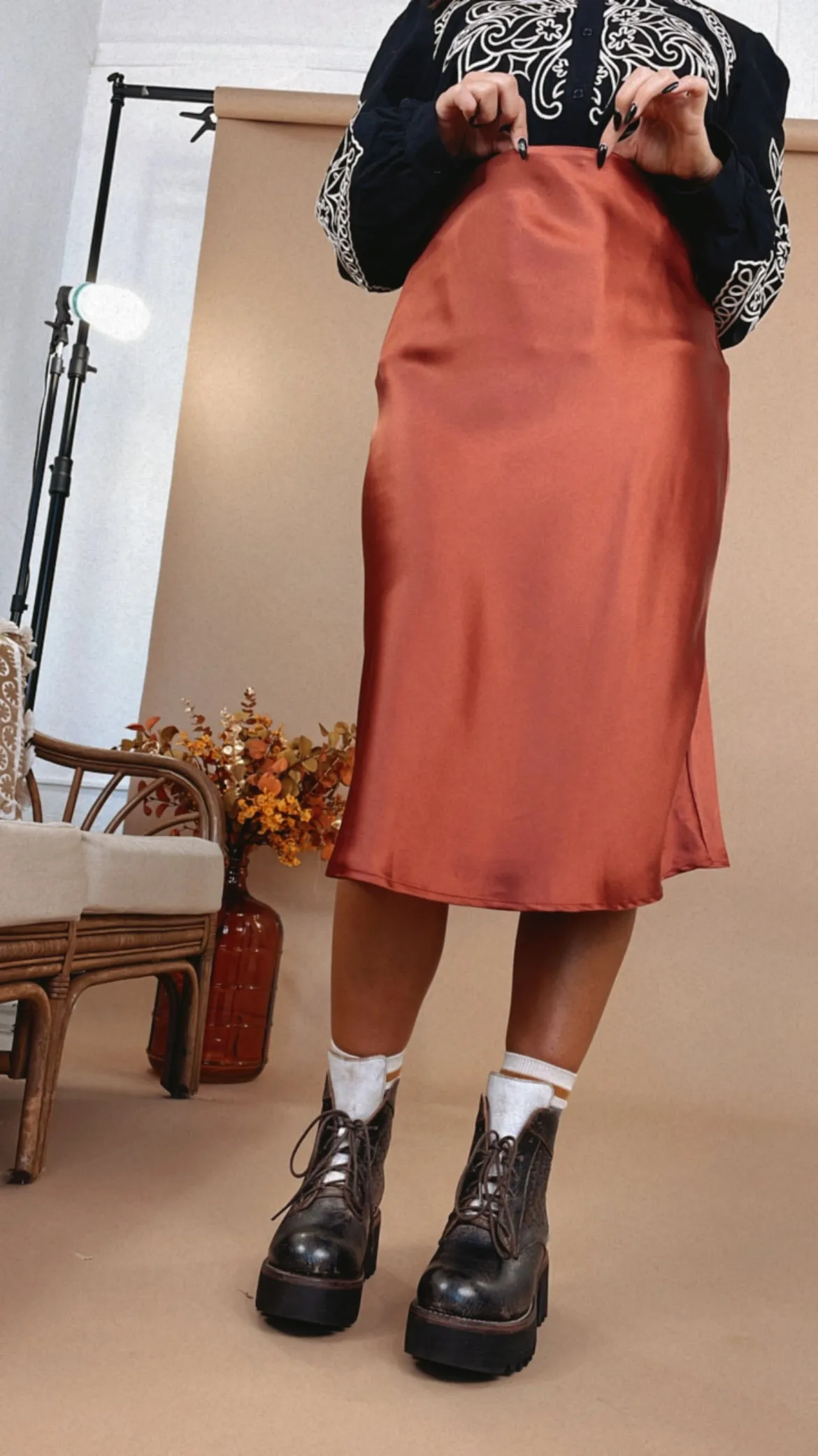 Slay All Day Satin Midi Skirt, Rust