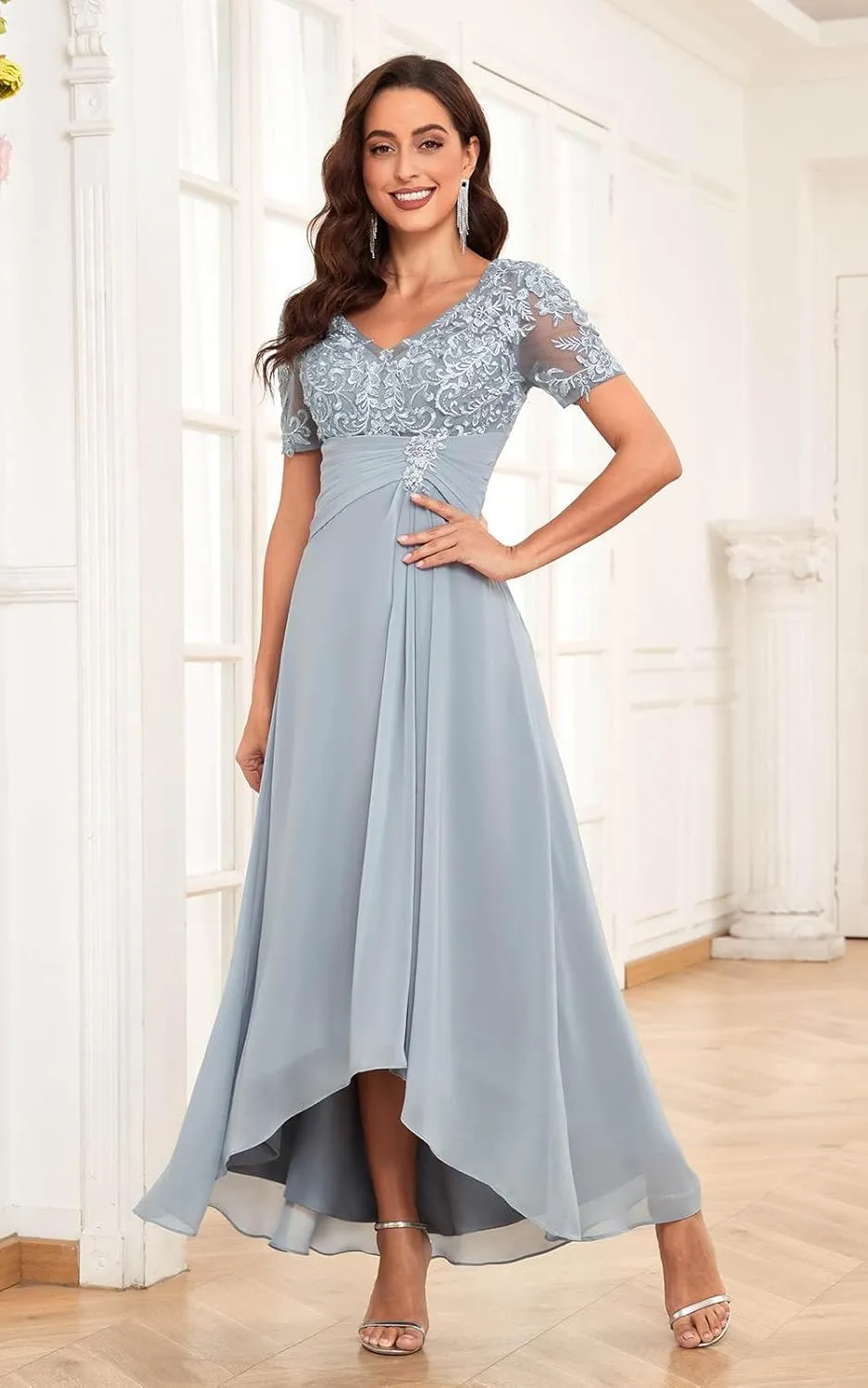 SOLODISH Lace Applique Mother of The Bride Dresses for Wedding Tea Length Chiffon Formal Evening Party Gown