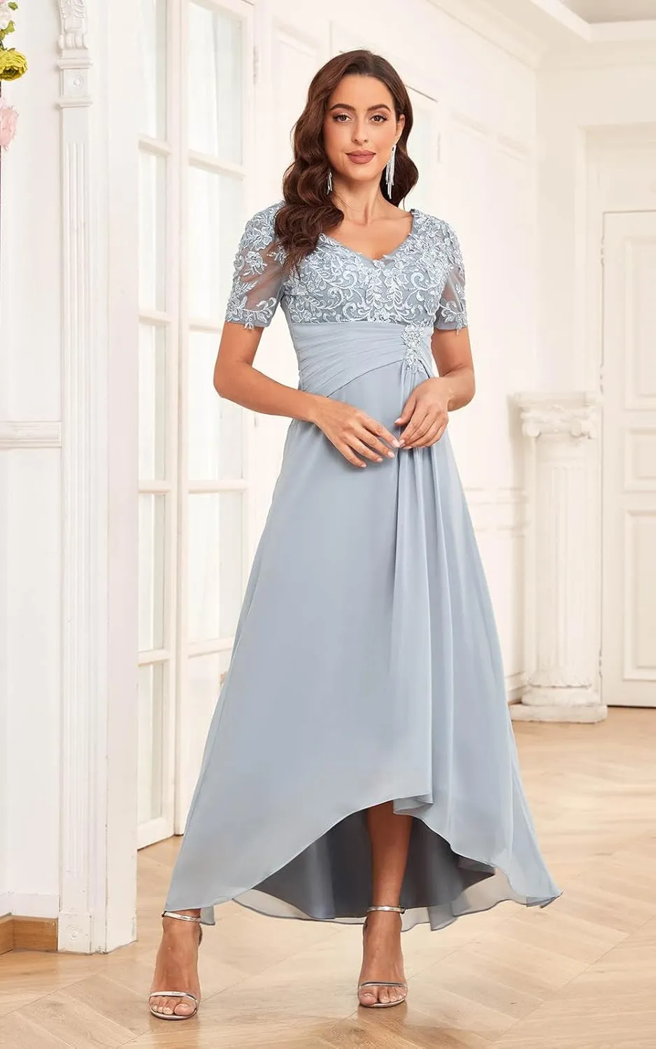 SOLODISH Lace Applique Mother of The Bride Dresses for Wedding Tea Length Chiffon Formal Evening Party Gown