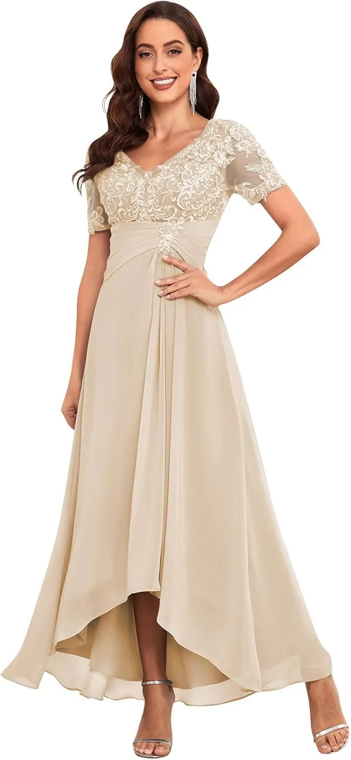 SOLODISH Lace Applique Mother of The Bride Dresses for Wedding Tea Length Chiffon Formal Evening Party Gown