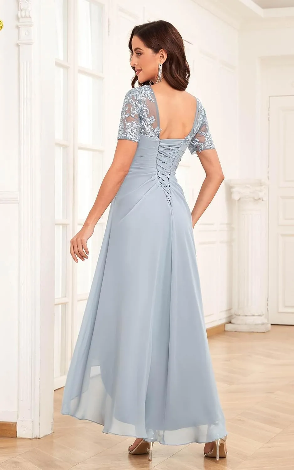 SOLODISH Lace Applique Mother of The Bride Dresses for Wedding Tea Length Chiffon Formal Evening Party Gown
