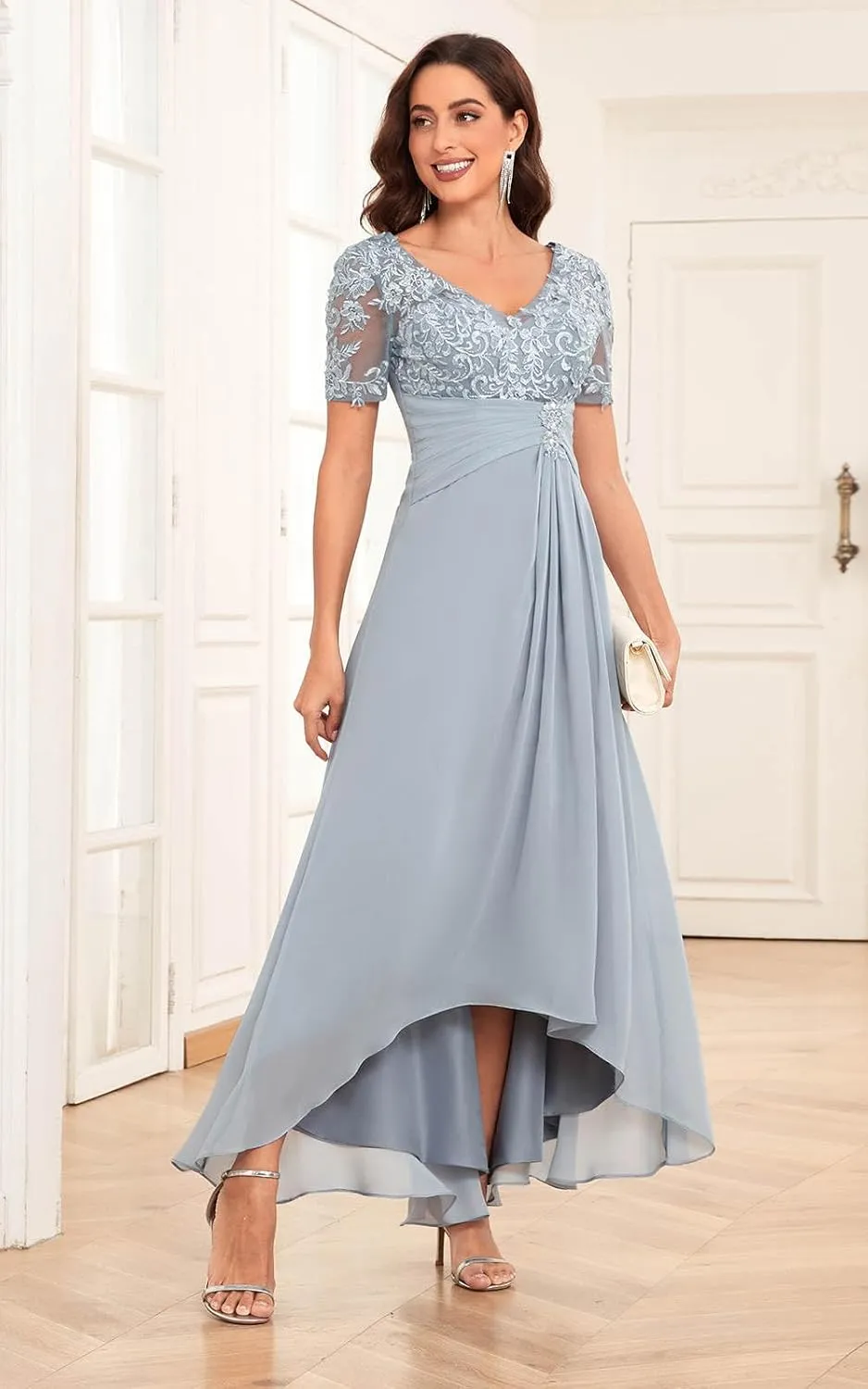 SOLODISH Lace Applique Mother of The Bride Dresses for Wedding Tea Length Chiffon Formal Evening Party Gown