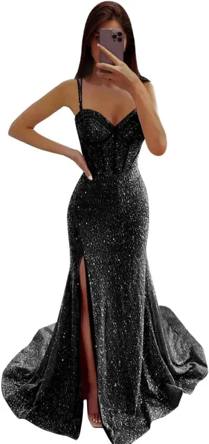 Sparkly Sequin Prom Dresses for Teens Corset Mermaid Evening Formal Gown with Slit