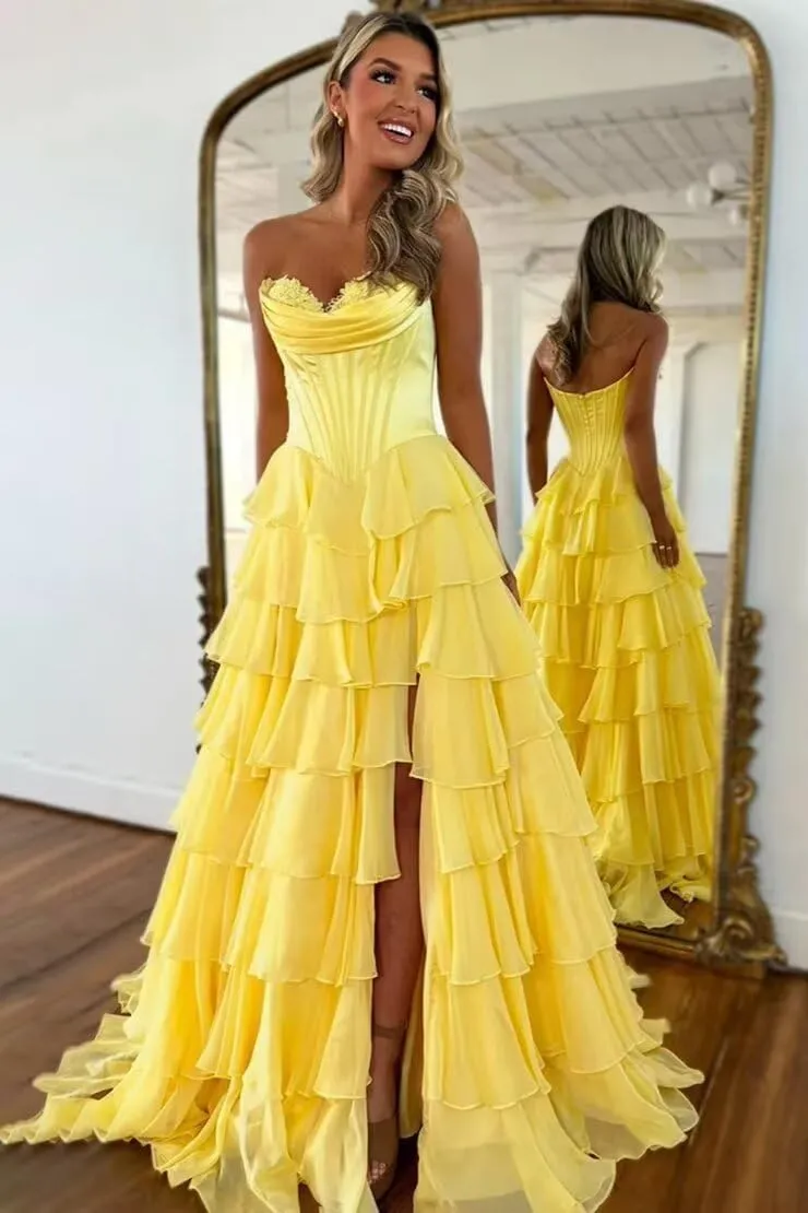 Strapless Corset Prom Dresses for Women 2025 Long Tiered Ruffle Chiffon Formal Dress Evening Gown with Slit