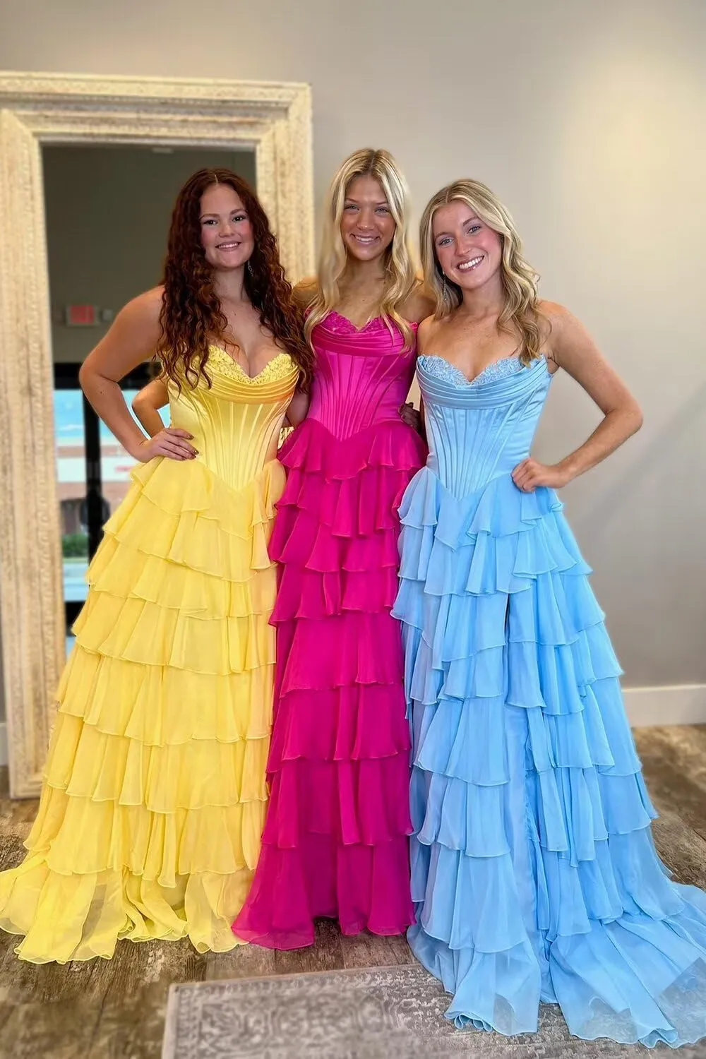 Strapless Corset Prom Dresses for Women 2025 Long Tiered Ruffle Chiffon Formal Dress Evening Gown with Slit