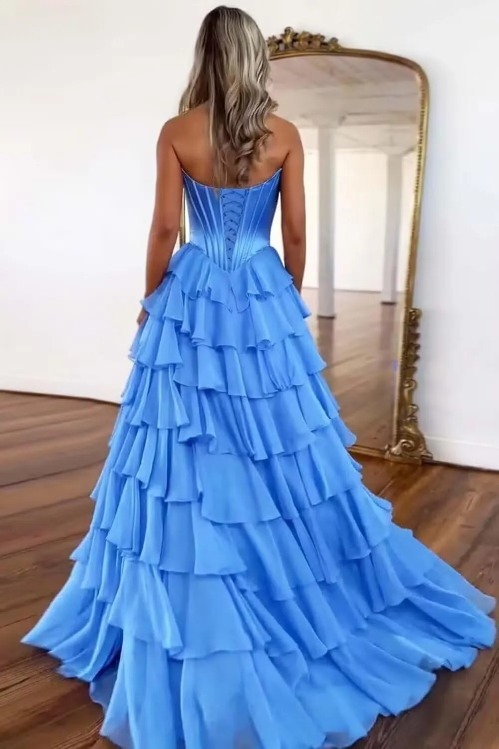 Strapless Corset Prom Dresses for Women 2025 Long Tiered Ruffle Chiffon Formal Dress Evening Gown with Slit