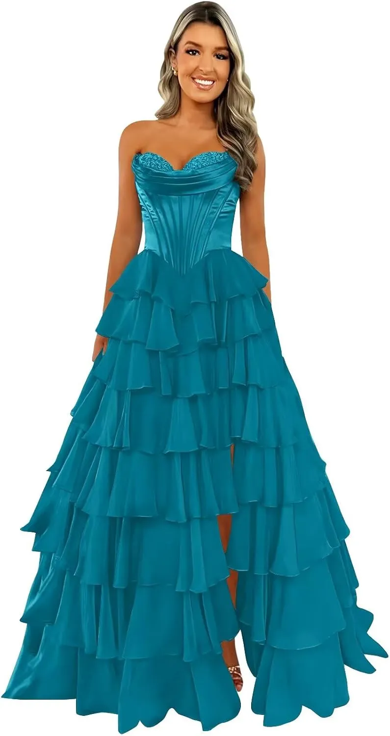 Strapless Corset Prom Dresses for Women 2025 Long Tiered Ruffle Chiffon Formal Dress Evening Gown with Slit