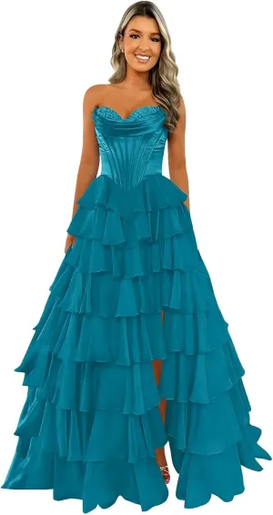 Strapless Corset Prom Dresses for Women 2025 Long Tiered Ruffle Chiffon Formal Dress Evening Gown with Slit
