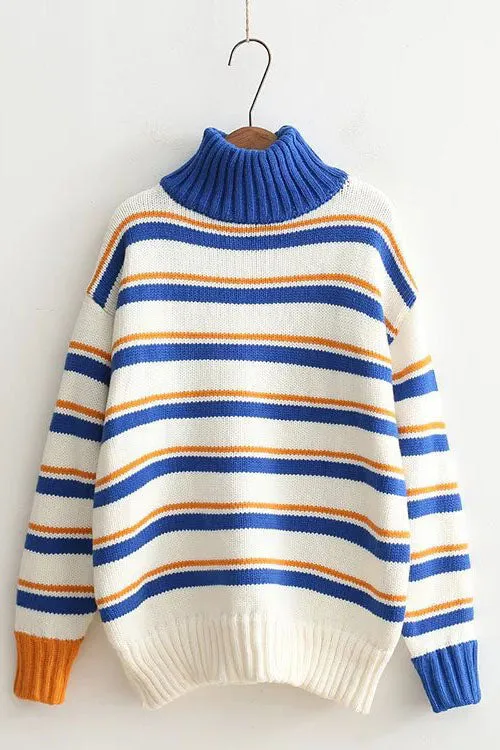 Stripes High Neck Patchwork Loose Pullover Sweater